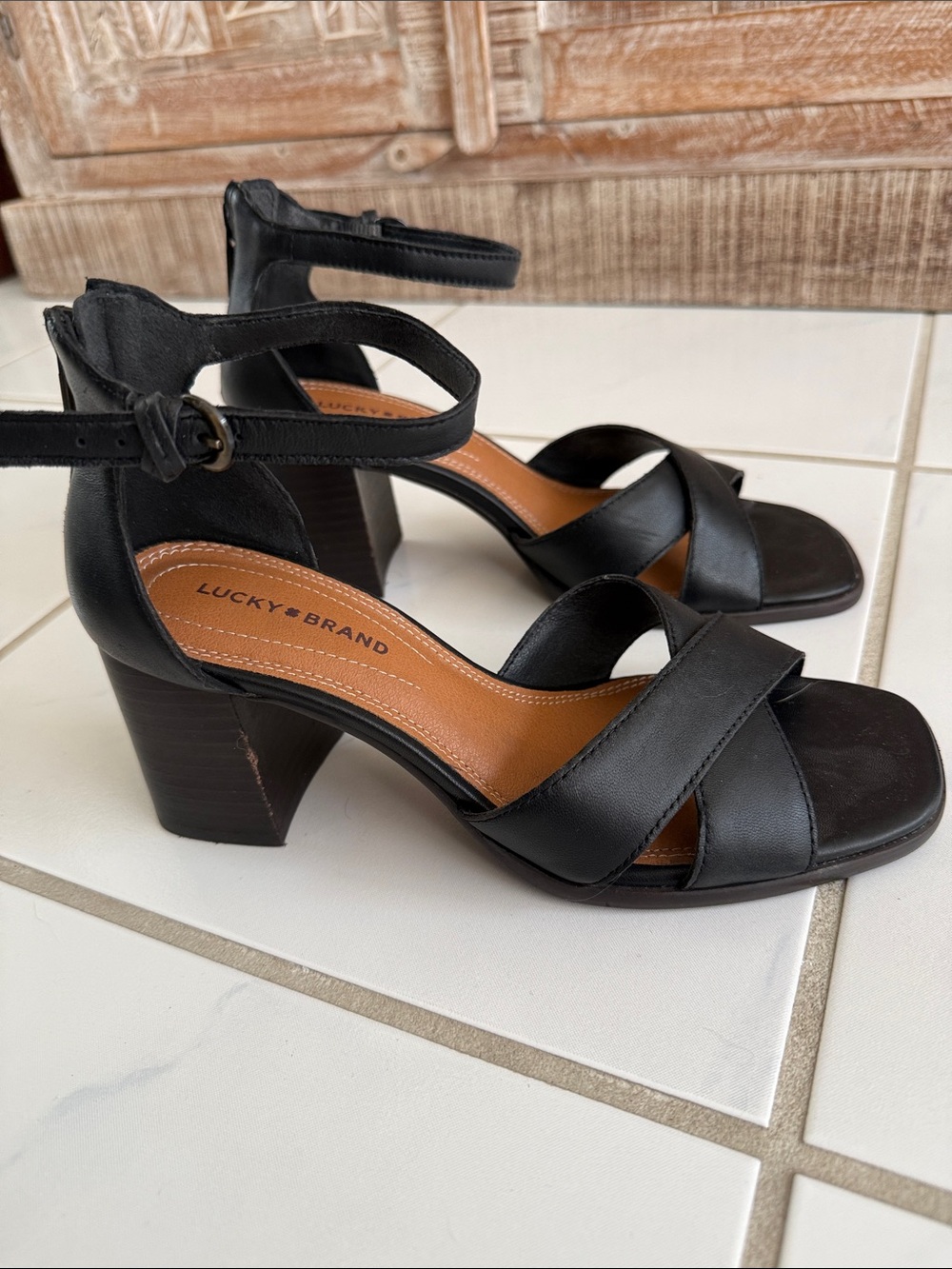 Lucky Brand Herrika Black Strappy Block Heel Sandals